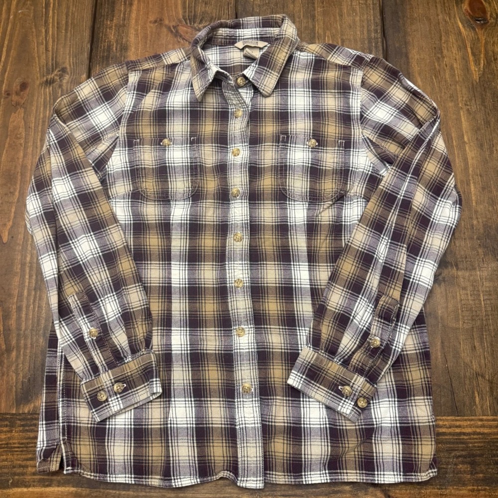 Duluth Trading Co Womens Plaid Flannel Shirt Brown Tan Long Sleeve Size‎ M